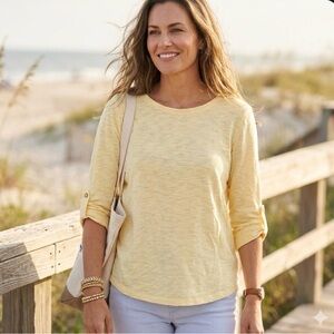 Chico's Yellow Roll-Tab Sleeve Top Women’s Size 1/ Medium Cotton Blend Slub Knit